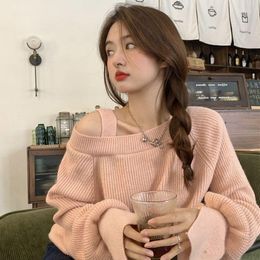 Women's Sweaters 2023 Women Cashmere Loose Pink White Pullover Lazy Style Gentle Sweet Off-the-shoulder Sweater Autumn For V420