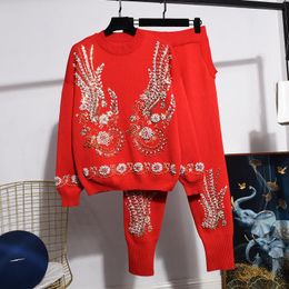 Women's Two Piece Pants Red Black Grey Casual Knitted Tracksuit Women Outfits Autumn Fashion Beading Embroidery Pullover Sweater Pencil Set