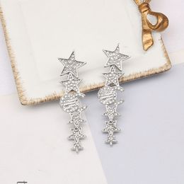Simple 18K Gold Plated 925 Silver Luxury Brand Designers Letters Stud Geometric Famous Women Star Crystal Rhinestone Long Earring Valentine Wedding Gifts Jewerlry