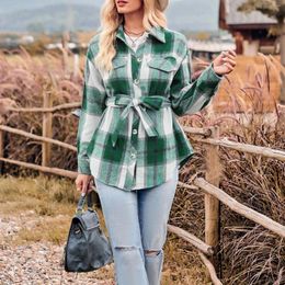 Women's Blouses Women Plaid Classic Jacket Tied Waist Long Sleeve Casual Loose Vintage Style Single Breasted Shirt Coat