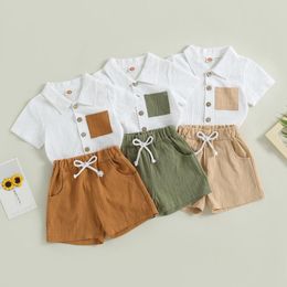 Clothing Sets Infant Boys Summer Outfits Contrast Colour Pocket Turn-Down Collar Short Sleeve Shirts Elastic Waist Shorts 2Pcs Clothes Set