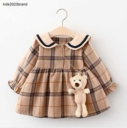designer girl Dress Cute Baby Princess Dress Autumn Long Sleeve Plaid Children Dresses With Little Bear Kids Casual Skirts