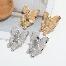 Stud Earrings Golden Colour Two Large Metal Butterfly Arranged Vertically Pendant Drop Earing Vintage Jewellery Accessory For Women