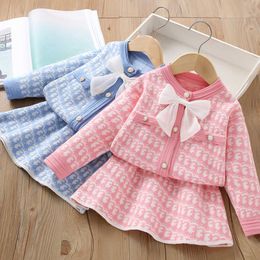 Girls' Sweater Set Autumn/Winter New Western Style Small Fragrance Long Sleeve Bow Tie Children's Princess Dress Two Piece Set