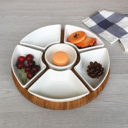 Plates White Ceramics Fruit Tray Snack Dried Nut Dish Home Divided Plate Dessert Vegetarian Salad Platter With Bamboo