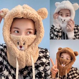 Berets With Mask Warm Ear Protection Bear Ears Earmuffs Korean Hat Women Plush Bomber Hats Lamb Fleece