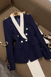 2023 Autumn Blue Contrast Colour Panelled Blazers Long Sleeve Lapel Neck Buttons Double-Breasted Outwear Coats O3G312291