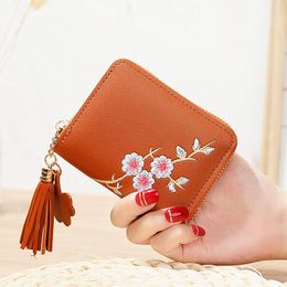 Wallets Plum Embroidered Women Short Zipper Wallet Fashion Ladies Small Clutch Casual Card Holder Solid Colour PU Leather Female Purse