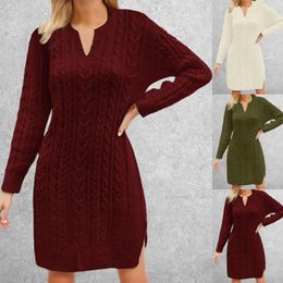 Women's Sweaters Knit Midi Dress Women Casual V Neck Knitted Mini Sweater Long Sleeve Loose Solid Color Hem Slit Pullover