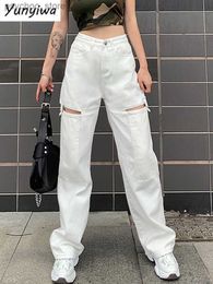 Women's Jeans Ripped Jeans for Women High Waist White Straight Mom Wide Leg Y2k Jeans Hollow Out Denim Pants Street Trousers Q230901