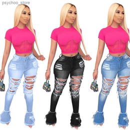 Women's Jeans 2020 Summer Denim Pants Women Retro Solid Sexy Hole Jeans Ripped Flare Trousers Street Skinny High Waist Lady Pants Q230901