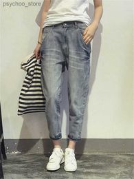 Women's Jeans 16023 Women's Jeans Spring Korean Style Loose Office Ladies Streetwear Solid Colour Light Blue Elastic Bleach Scratch Denim Pants Q230901