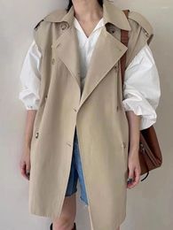 Women's Trench Coats Women Autumn 2023 Korean Temperament Fashion Polo Double Breasted Loose Mid Length Sleeveless Vest Coat D4697