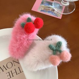 Cute Cherry Faux Fur Plush Hairpins for Women Hair Clip Headwear Girls Hair Accessories 2023 Autumn Winter