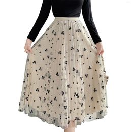 Skirts Women's Autumn Floral Mesh Skirt Elastic Band Pleated Flowy A-line Midi For Travel Beach Shopping