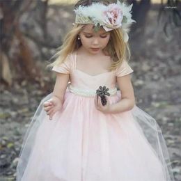 Girl Dresses Flower Girls Pink Ankle Length Short Sleeves Wedding Elegant Child's First Eucharistic Birthday Party Dress