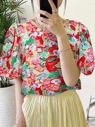 Women's Blouses Stylish Printed Blouse Women Bohemian Floral Shirt Summer Puff Sleeve O Neck Tunic Tops Casual Female Holiday Beach Blusas