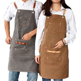 Aprons Thick Canvas Unisex Apron Bib Chef Kitchen for Women Men Coffee Shop Barber BBQ working uniform 230901