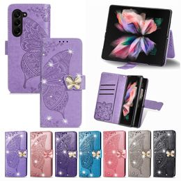 Shine Butterfly Wallet Stand Phone Case For Samsung Galaxy Z Fold 3 Fold5 Fold2 Fold 5 Flower Pattern Magnetic Folding Shell