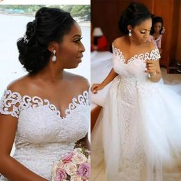 African Arabic Mermaid Lace Wedding Dresses With Detachable Train Short Sleeves Off The Shoulder Long Bridal Gowns 2023 Robe De Mariee