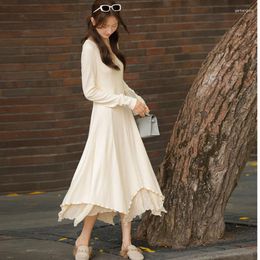 Casual Dresses Korean Fashion 2023 Autumn One Piece Dress Office Lady French Knitted Midi Women Design Pure Colour Elegant Sweater