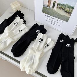 Women Socks Trend Cute Cartoon Embroidered Puppy And Bear For Fashion Personality Small Ear Black White Kawaii In Tube