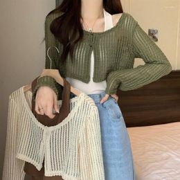 Women's Knits Spring/Summer Fashion Casual Solid V Neckline Hollow Long Sleeve Knitted Loose Short Warm Cardigan Malachite Green Coat