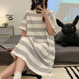 Women's Sleepwear Summer Korean Style Striped Nightdress Knitted Cotton Round Neck Long Pyjamas Youth Home Service