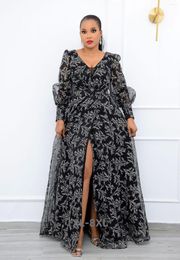Plus Size Dresses African For Women Female Mesh See Through V Neck Long Sleeve Floral Sexy Club Evening Party 3xl 4xl 5xl 6xl