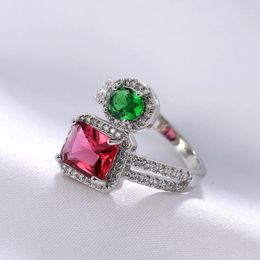 Cluster Rings Luxury Square Round Silver Colour Adjustable Finger For Women Fashion Clear Red Green CZ Wedding Jewellery Gift