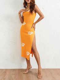 Casual Dresses Women Summer Bodycon Knit Dress Sleeveless Square Neck Backless Flower Slit For Club Party