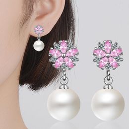 Dangle Earrings 10mm Pearl Drop For Women Girls Pink Cherry Flower Cubic Zirconia Crystal Fashion Wedding Party Jewellery Gifts
