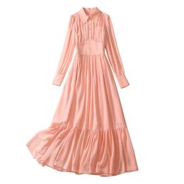 Autumn Pink Solid Colour Panelled Dress Long Sleeve Lapel Neck Buttons Midi Casual Dresses A3Q191340 Plus Size XXL