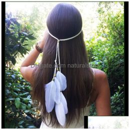 Headbands Romani White Feather Bohemian Brides Hair Rope Bead Longe Woven Pretty Imate Drop Delivery Jewelry Hairjewelry Dhpbm