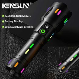 Torches High Power Spotlight Long Range LED Flashlight With Luminous StripsTail Glass breaker Zoomable Torch For Camping Emergency HKD230902