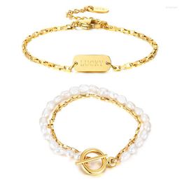 Charm Bracelets Stainless Steel Box Chain Pearls/Letter Lucky Bracelet Bangle Gold Color Geometric Gift