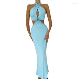 Casual Dresses Backless Halter Bodycon Dress 2023 Women Solid Colour Hollow Out Sleeveless Long Evening Party Clubwear