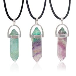 20pcs Fluorite Amethyst Hexagonal Column Pendants Healing Crystal Necklaces Men Women Jewellry