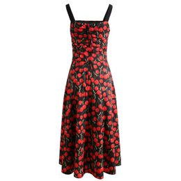 Autumn Black Floral Cherry Print Dress Sleeveless Square Neck Panelled Midi Casual Dresses S3G040804 Plus Size XXL