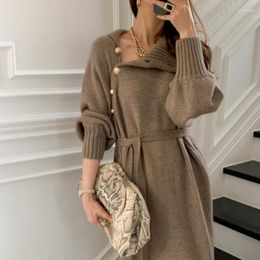 Women's Sweaters Elegant Long Sweater Streetwear Solid Loose Slim High Neck Lace Up Waist Knit Dress With Belt Knitting For Women Clothes