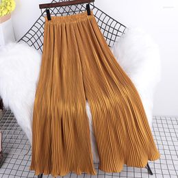 Women's Pants Womens Summer Elastic Waist Solid Colour Loose Pleated Casual Wide Leg Chiffon Ankle Maxi Flared Trousers