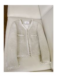 2023 Autumn Ivory Solid Color Beaded Tweed Jacket Long Sleeve V-Neck Double Pockets Classic Jackets Coat Short Outwear J3G301350