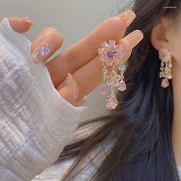 Stud Earrings Designer Style French Tassel Flowers Exquisite Pink Zircon 2023 Spring Sweet Temperament Women