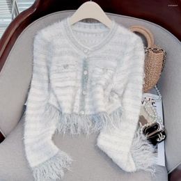 Women's Knits Women Chic Striped Tassel Sweater Short Caidigan Autumn Winter Warm Mohair Long Sleeve Cashmere Knitwear French Outwear H144