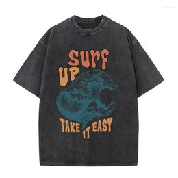 Men's T Shirts Fashion Graphic Surf Up Take It Easy Washed Shirt Vintage Unisex High Quality Oversized T-shirts Tops Streetwear