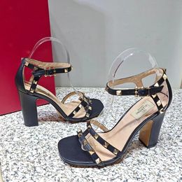 Ankle strap thick high heel sandals Small square buckle decoration genuine leather block heel pumps Women's Party Evening Shoes Luxury designer high heels With box
