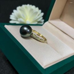 Cluster Rings XF800 Genuine 18K Gold Jewellery Ring For Women Natural Tahitian Black Seawater Pearl Fine Female Wedding Gift R513