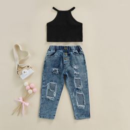 Clothing Sets 1-6 Years Girls Summer Outfits Kids Off-Shoulder Sleeveless Tank Tops Ripped Jeans With Pockets Casual Set