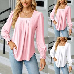 Women's Blouses Elegant Womens Tight Pleated Tunic Shirts Long Puff Sleeve Square Collar Tee Lady Office Blouse Pink Top Camisas