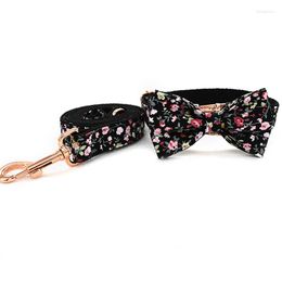 Dog Collars Bow Tie Pet Collar Fashion Printing Flower Pets Bowknot Cotton Durable Metal Buckle Leash Set